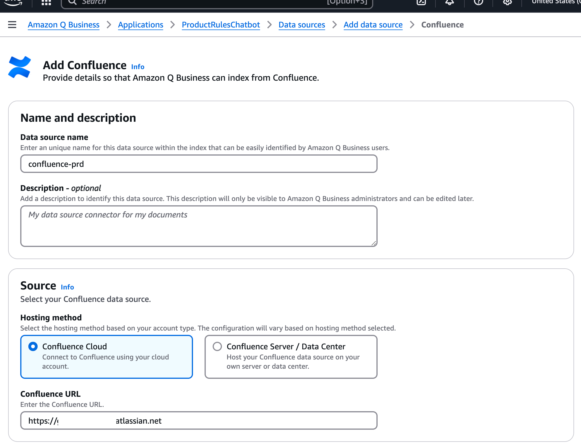 create Amazon Q Business data source confluence url.png