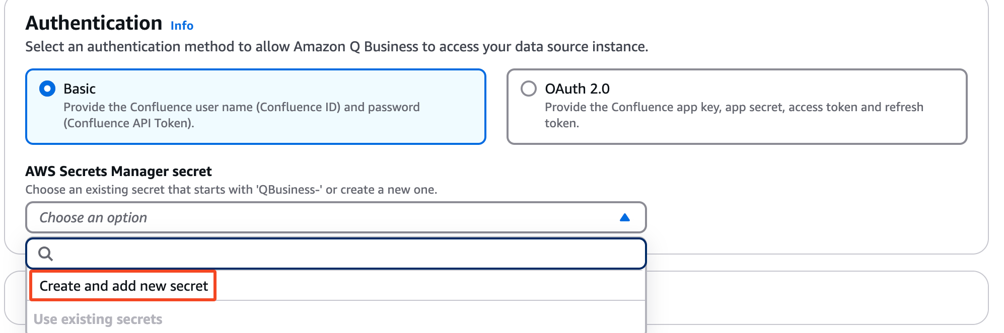 create Amazon Q Business data source confluence authentication.png