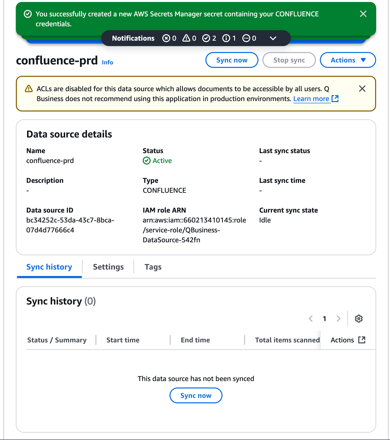 create Amazon Q Business data source confluence sync now.png