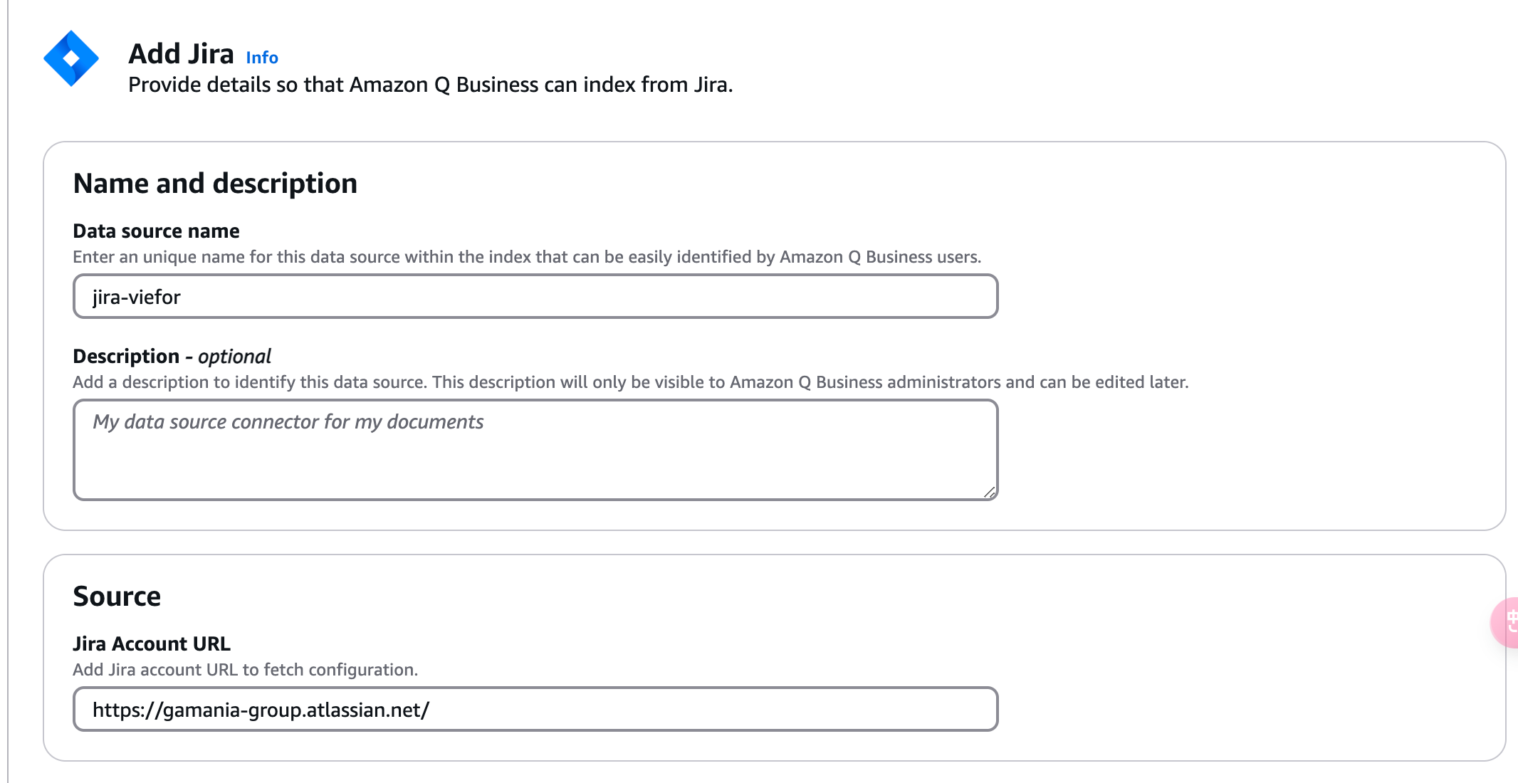 create Amazon Q Business data source jira url.png