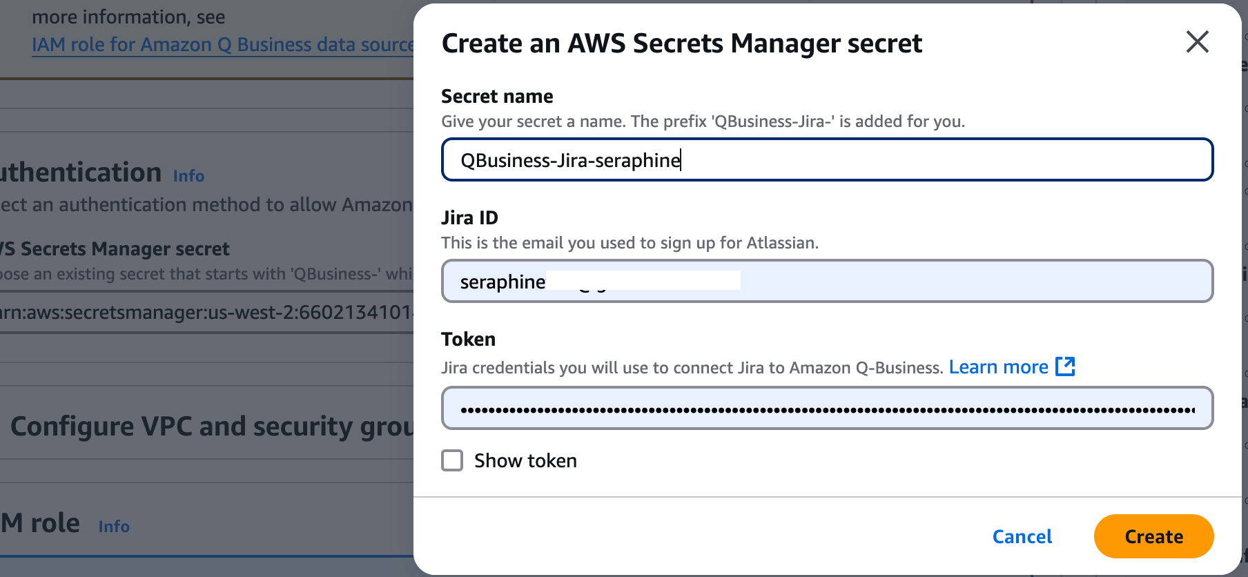 create Amazon Q Business data source jira authentication.png