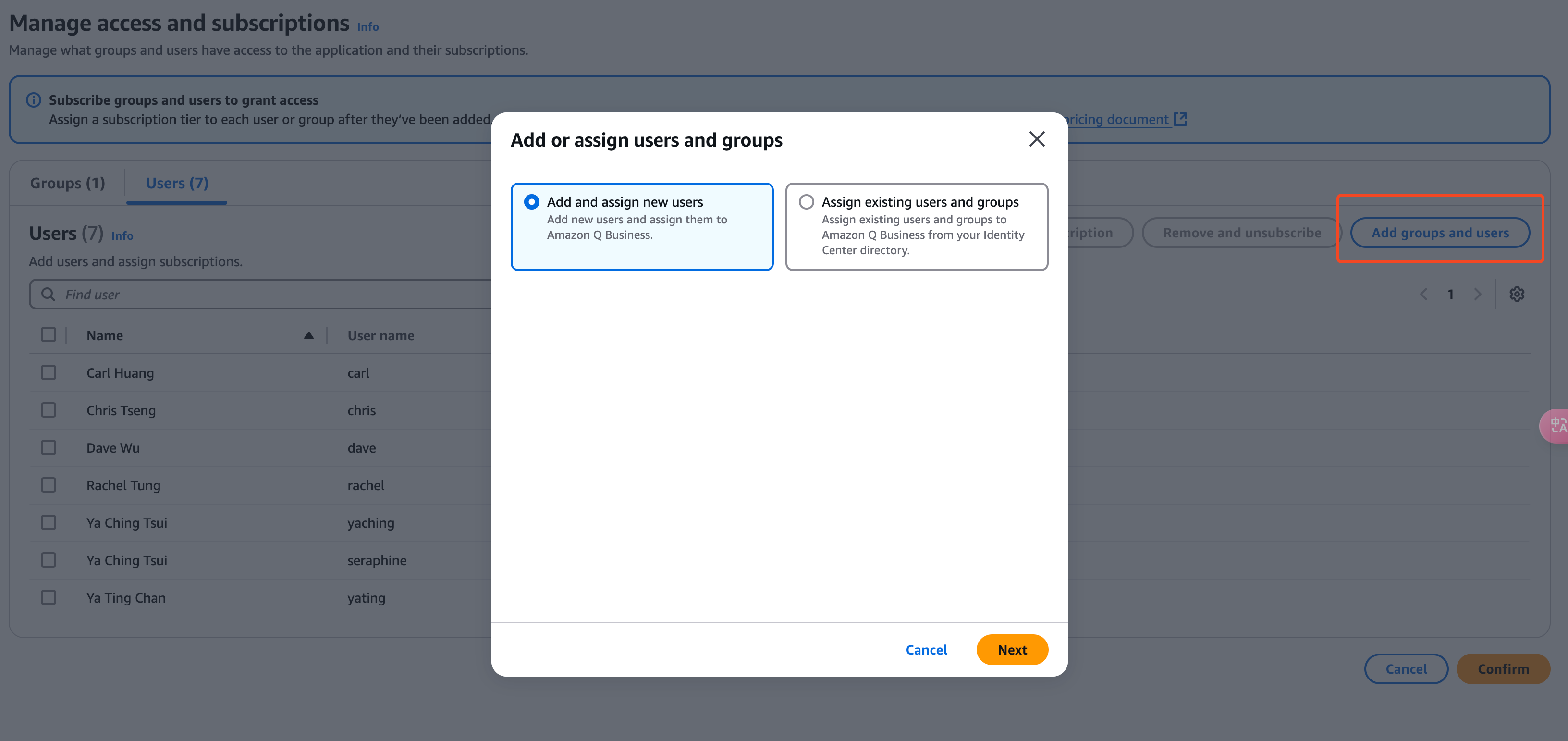 create Amazon Q Business manage user access add and assign new users.png