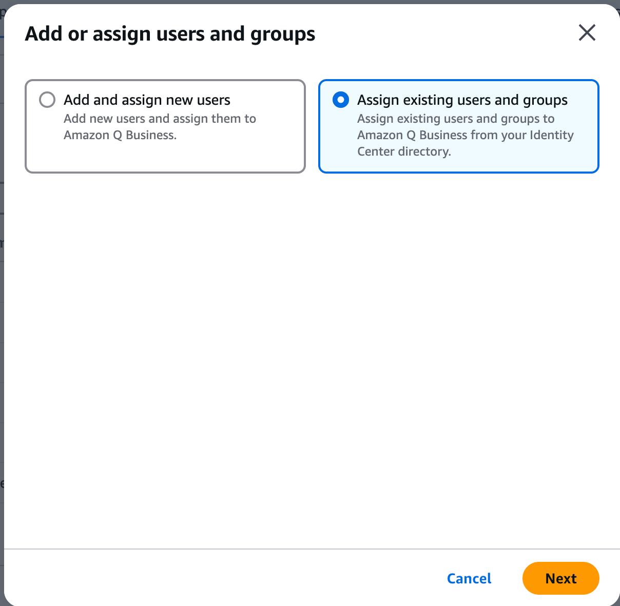 create Amazon Q Business manage user access assign existing users and groups.png