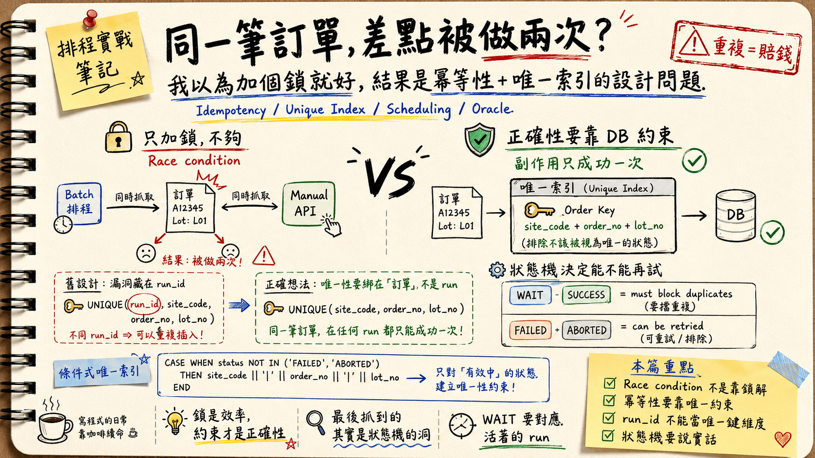 排程實戰筆記手繪封面:同一筆訂單差點被做兩次,左邊『只加鎖,不夠』的 race condition,右邊『正確性要靠 DB 約束』的唯一索引,以及條件式唯一索引與狀態機設計重點。