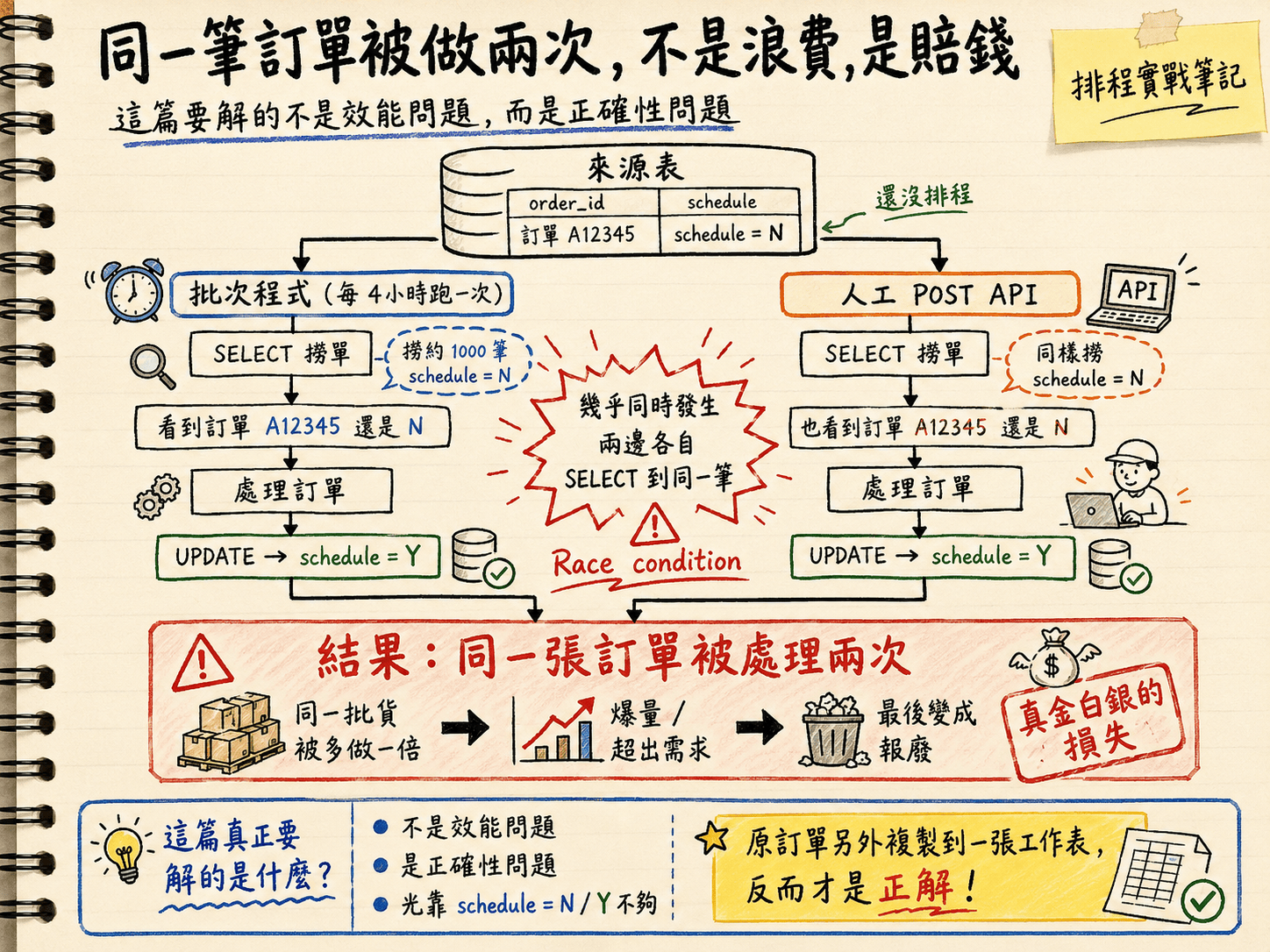 手繪流程圖:來源表的訂單 A12345(schedule = N),批次程式與人工 POST API 幾乎同時 SELECT 到同一筆,各自處理、各自把 schedule 改成 Y,race condition 導致同一張訂單被處理兩次,最後變成爆量報廢、真金白銀的損失。